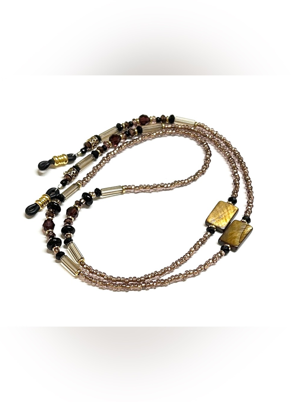 Handmade Brown Black and Gold Beaded Women's Eyeglass Chain Neutral Colors NOS